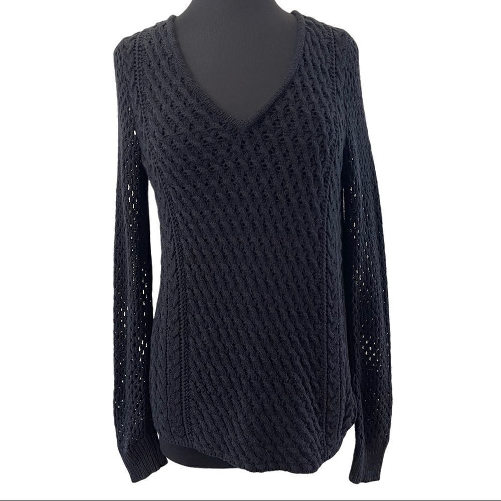 Bar III Black Open Knit Split Back Sweater Sz M